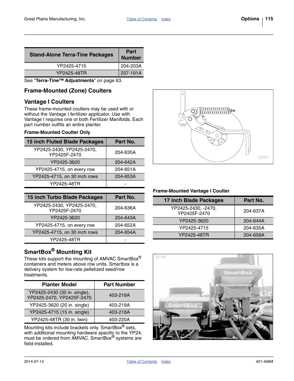 Frame-mounted (zone) coulters, Vantage i coulters, Frame-mounted coulter only | Frame-mounted vantage i coulter, Smartbox® mounting kit | Great Plains YP2425F-2470 Operator Manual User Manual | Page 119 / 162