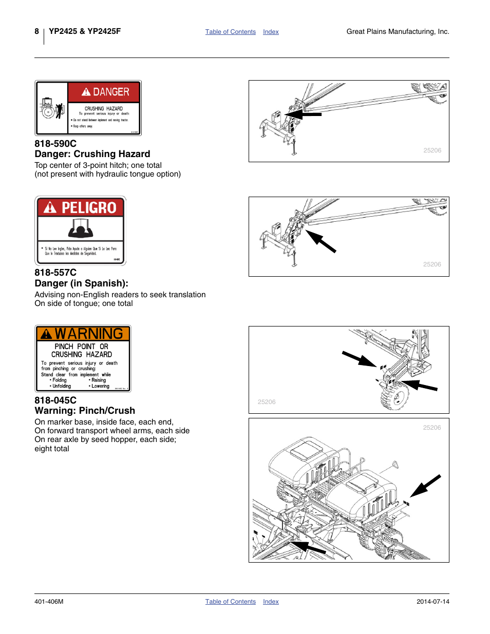 590c danger: crushing hazard, 557c danger (in spanish), 045c warning: pinch/crush | Great Plains YP2425F-2470 Operator Manual User Manual | Page 12 / 162