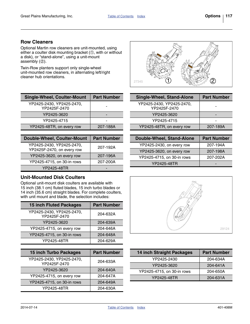 Row cleaners, Unit-mounted disk coulters | Great Plains YP2425F-2470 Operator Manual User Manual | Page 121 / 162