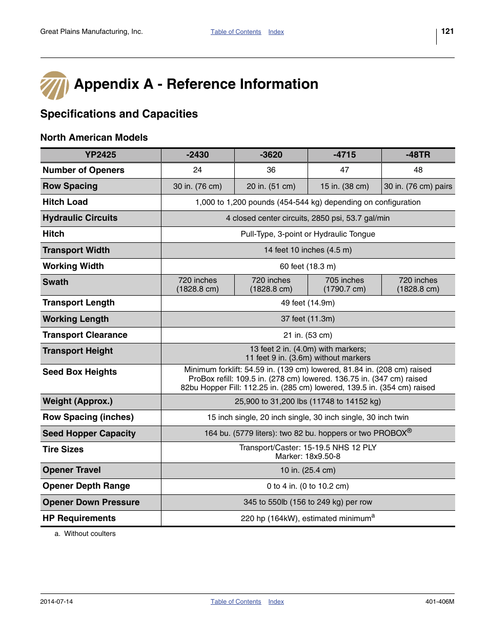 Appendix a - reference information, Specifications and capacities, North american models | Great Plains YP2425F-2470 Operator Manual User Manual | Page 125 / 162