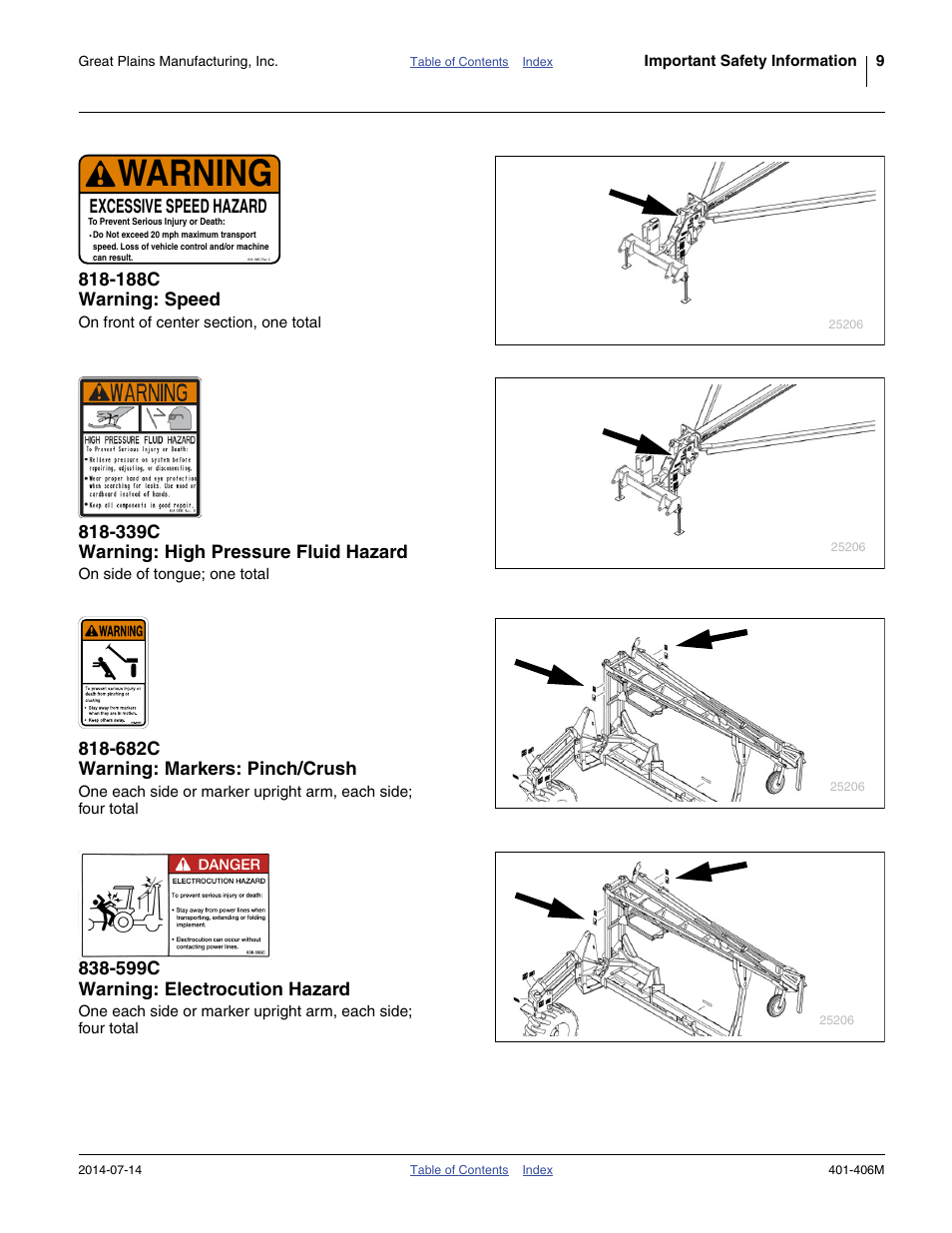 188c warning: speed, 339c warning: high pressure fluid hazard, 682c warning: markers: pinch/crush | 599c warning: electrocution hazard, Warning, Excessive speed hazard | Great Plains YP2425F-2470 Operator Manual User Manual | Page 13 / 162