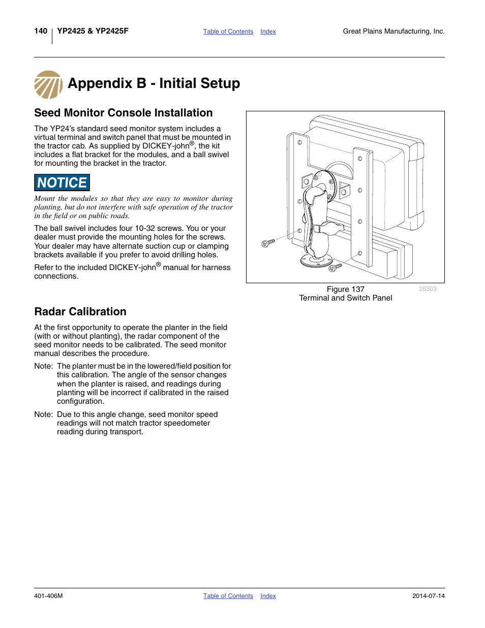Appendix b - initial setup, Seed monitor console installation, Radar calibration | Great Plains YP2425F-2470 Operator Manual User Manual | Page 144 / 162