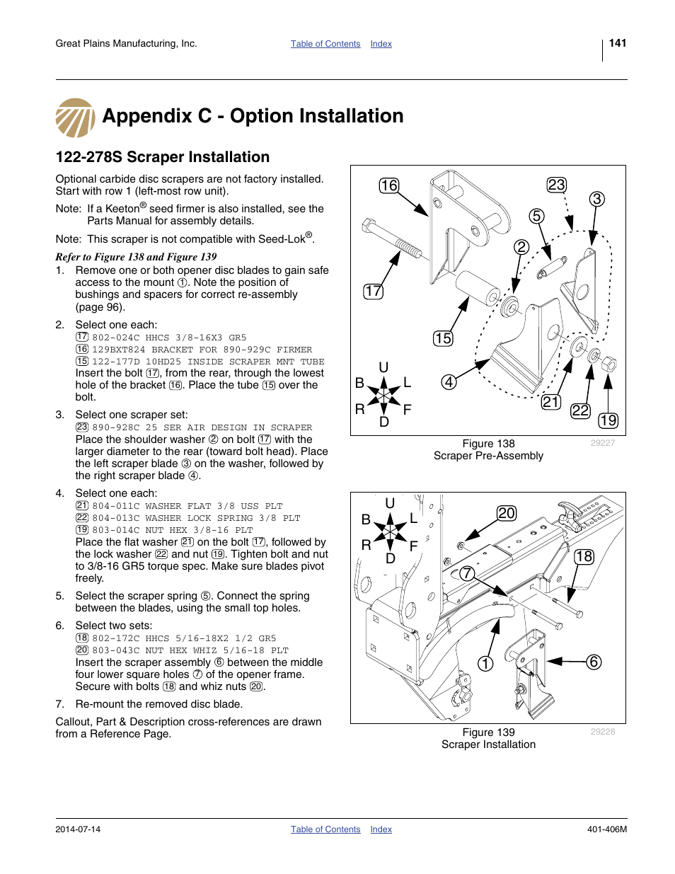 Appendix c - option installation, 278s scraper installation | Great Plains YP2425F-2470 Operator Manual User Manual | Page 145 / 162