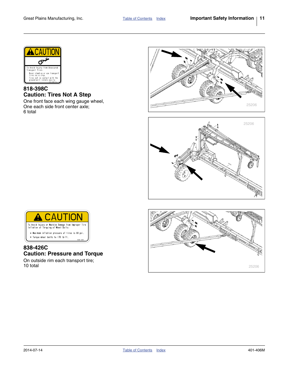 398c caution: tires not a step, 426c caution: pressure and torque | Great Plains YP2425F-2470 Operator Manual User Manual | Page 15 / 162