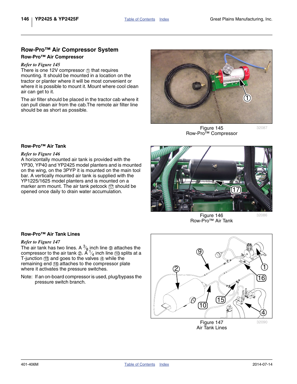 Row-pro™ air compressor system, Row-pro™ air compressor, Row-pro™ air tank | Row-pro™ air tank lines | Great Plains YP2425F-2470 Operator Manual User Manual | Page 150 / 162