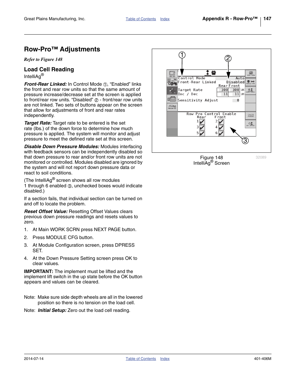 Row-pro™ adjustments, Load cell reading | Great Plains YP2425F-2470 Operator Manual User Manual | Page 151 / 162