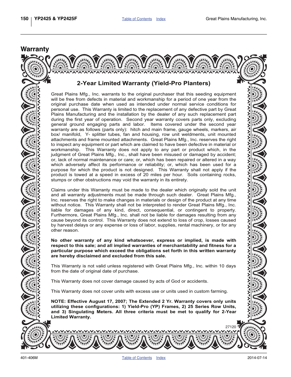 Warranty, Year limited warranty (yield-pro planters) | Great Plains YP2425F-2470 Operator Manual User Manual | Page 154 / 162