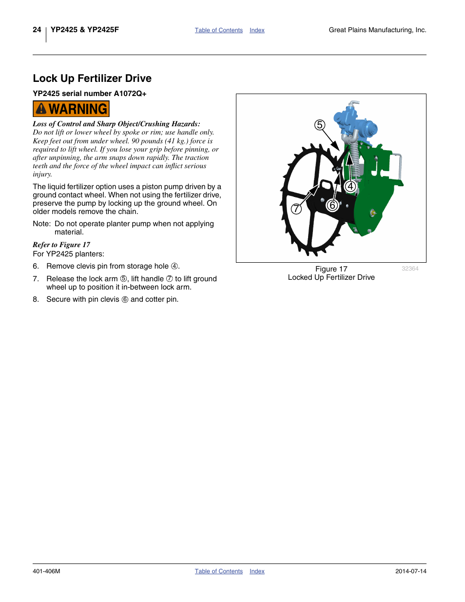 Lock up fertilizer drive, Yp2425 serial number a1072q | Great Plains YP2425F-2470 Operator Manual User Manual | Page 28 / 162