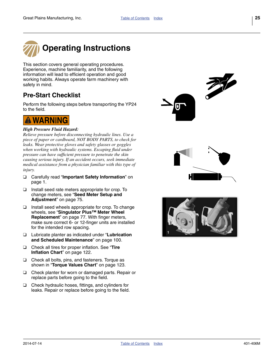 Operating instructions, Pre-start checklist, Operating instructions pre-start checklist | Great Plains YP2425F-2470 Operator Manual User Manual | Page 29 / 162