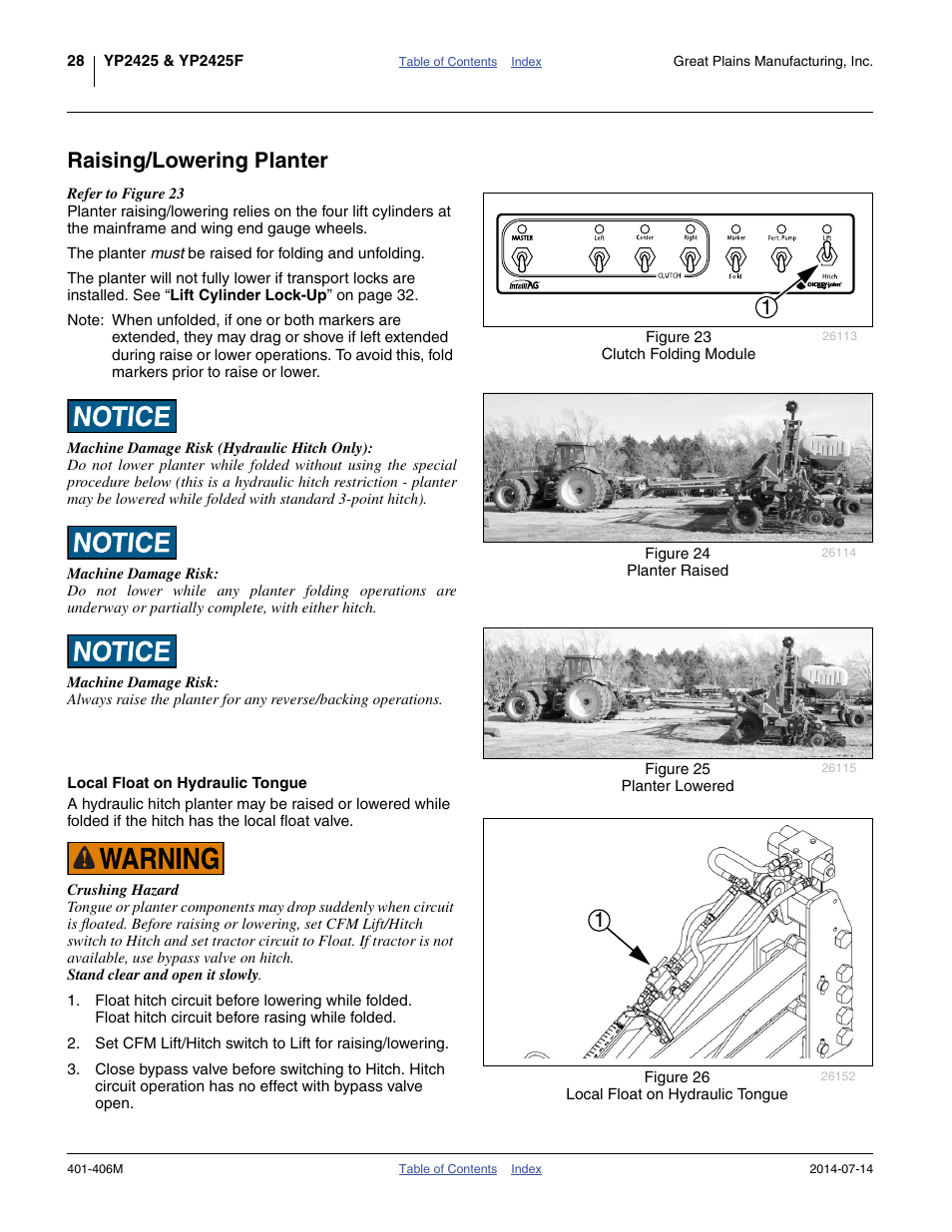 Raising/lowering planter, Local float on hydraulic tongue | Great Plains YP2425F-2470 Operator Manual User Manual | Page 32 / 162