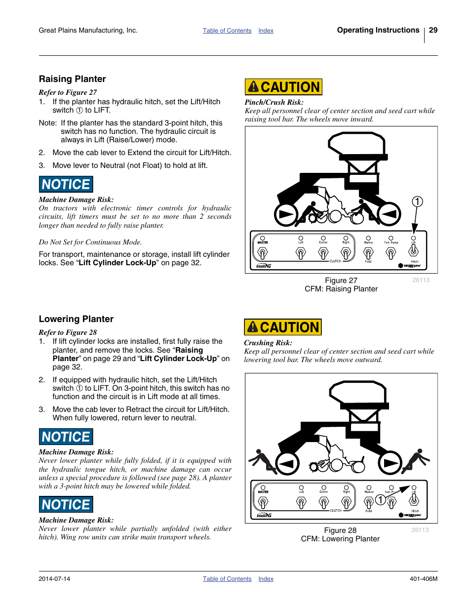 Raising planter, Lowering planter, Raising planter lowering planter | Great Plains YP2425F-2470 Operator Manual User Manual | Page 33 / 162