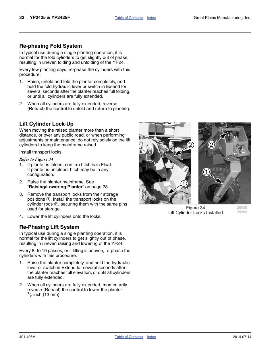 Re-phasing fold system, Lift cylinder lock-up, Re-phasing lift system | Great Plains YP2425F-2470 Operator Manual User Manual | Page 36 / 162