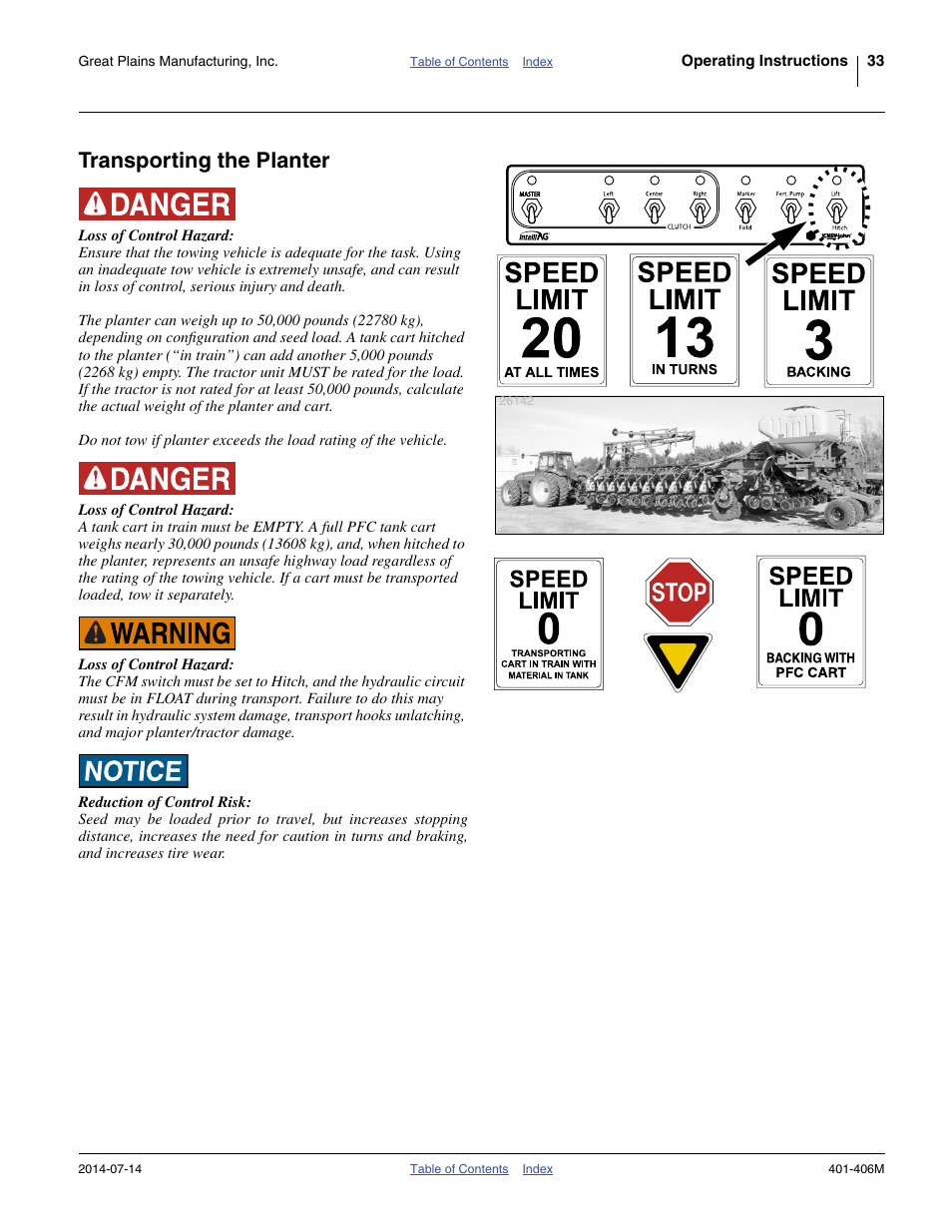 Transporting the planter | Great Plains YP2425F-2470 Operator Manual User Manual | Page 37 / 162