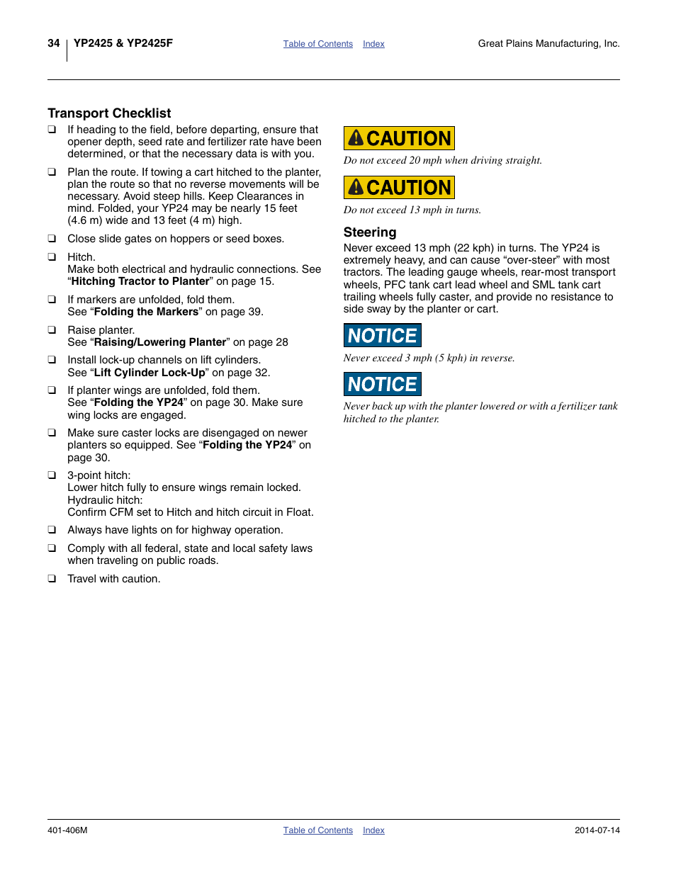 Transport checklist, Steering, Transport checklist steering | Great Plains YP2425F-2470 Operator Manual User Manual | Page 38 / 162