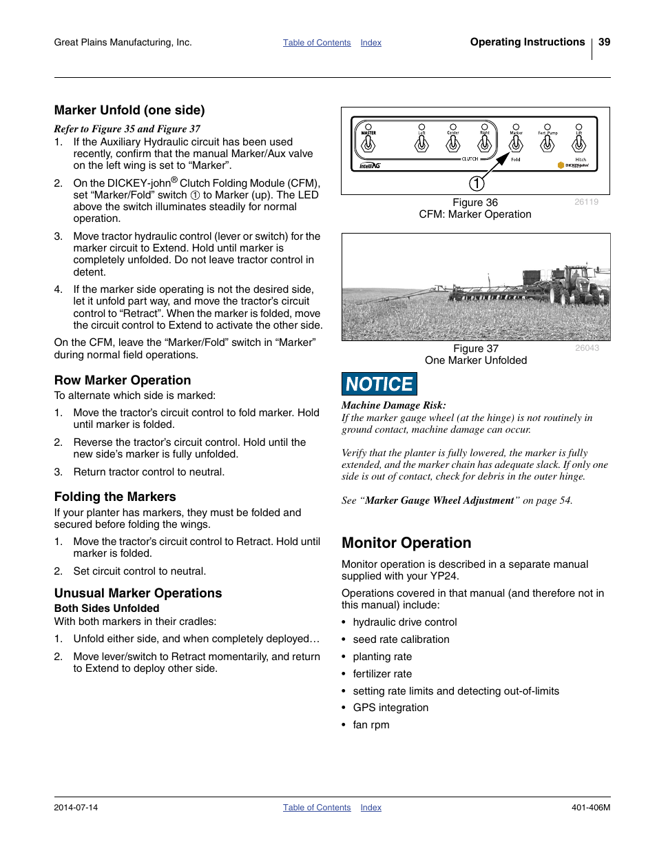 Marker unfold (one side), Row marker operation, Folding the markers | Unusual marker operations, Both sides unfolded, Monitor operation | Great Plains YP2425F-2470 Operator Manual User Manual | Page 43 / 162