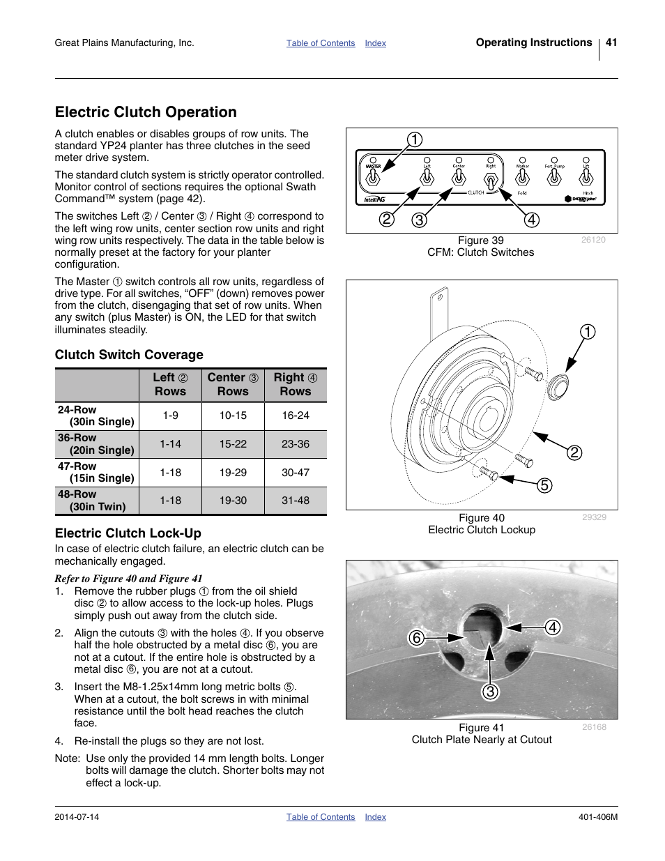 Electric clutch operation, Clutch switch coverage, Row (30in single) | Row (20in single), Row (15in single), Row (30in twin), Electric clutch lock-up, Clutch switch coverage electric clutch lock-up | Great Plains YP2425F-2470 Operator Manual User Manual | Page 45 / 162