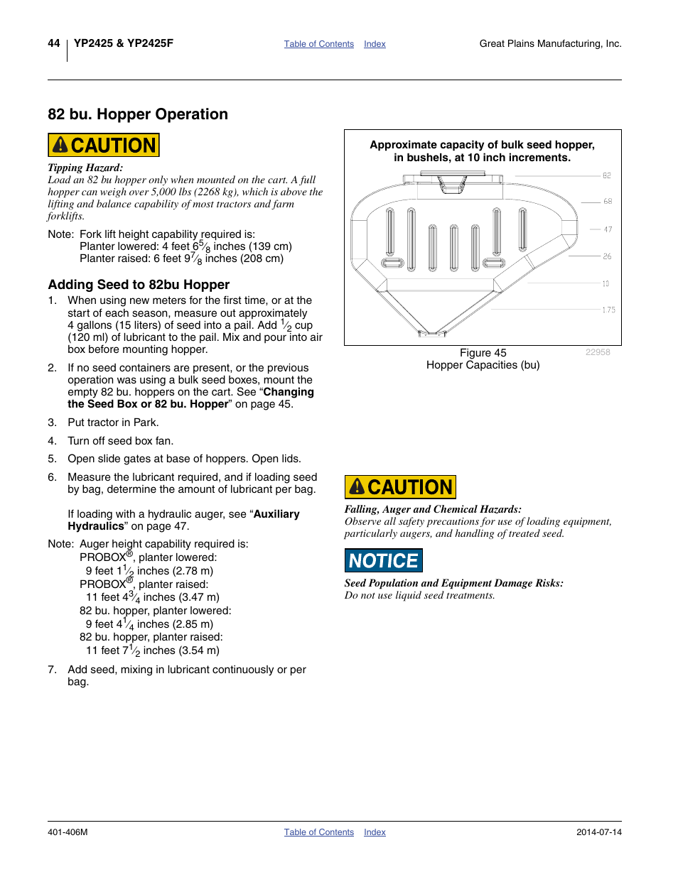 82 bu. hopper operation, Adding seed to 82bu hopper | Great Plains YP2425F-2470 Operator Manual User Manual | Page 48 / 162