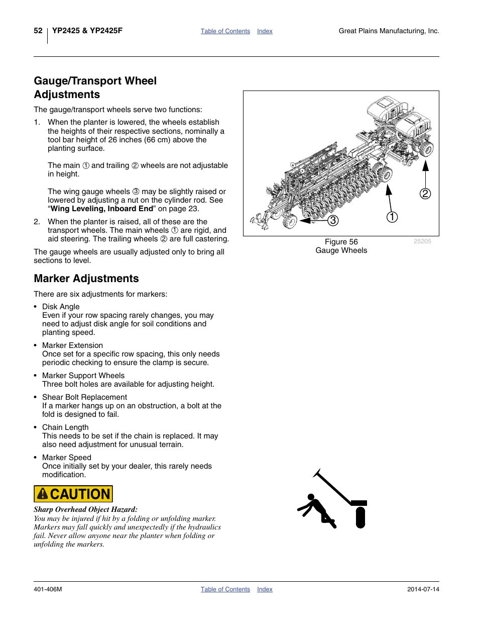 Gauge/transport wheel adjustments, Marker adjustments, Gauge/transport wheel | Adjustments | Great Plains YP2425F-2470 Operator Manual User Manual | Page 56 / 162