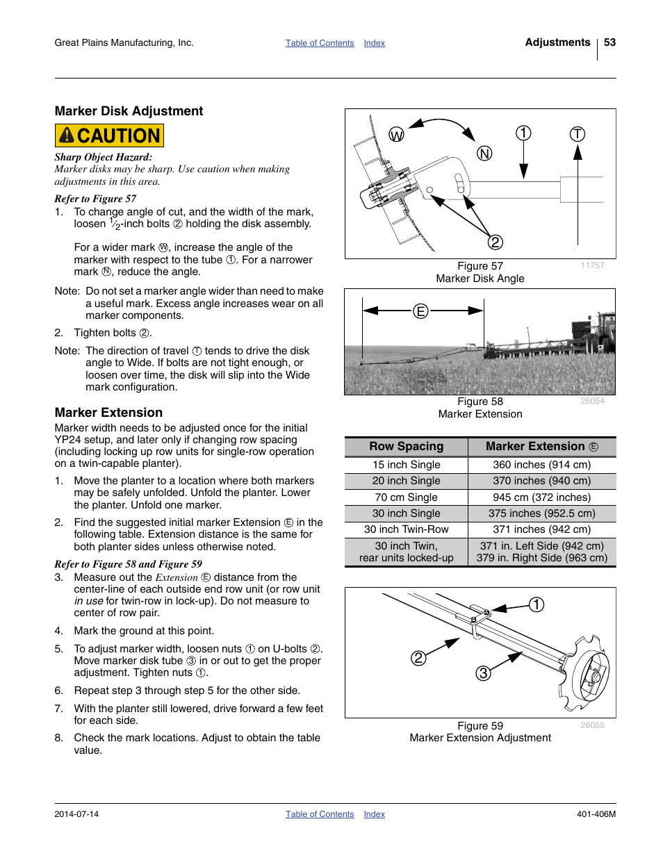 Marker disk adjustment, Marker extension, Marker disk adjustment marker extension | Great Plains YP2425F-2470 Operator Manual User Manual | Page 57 / 162