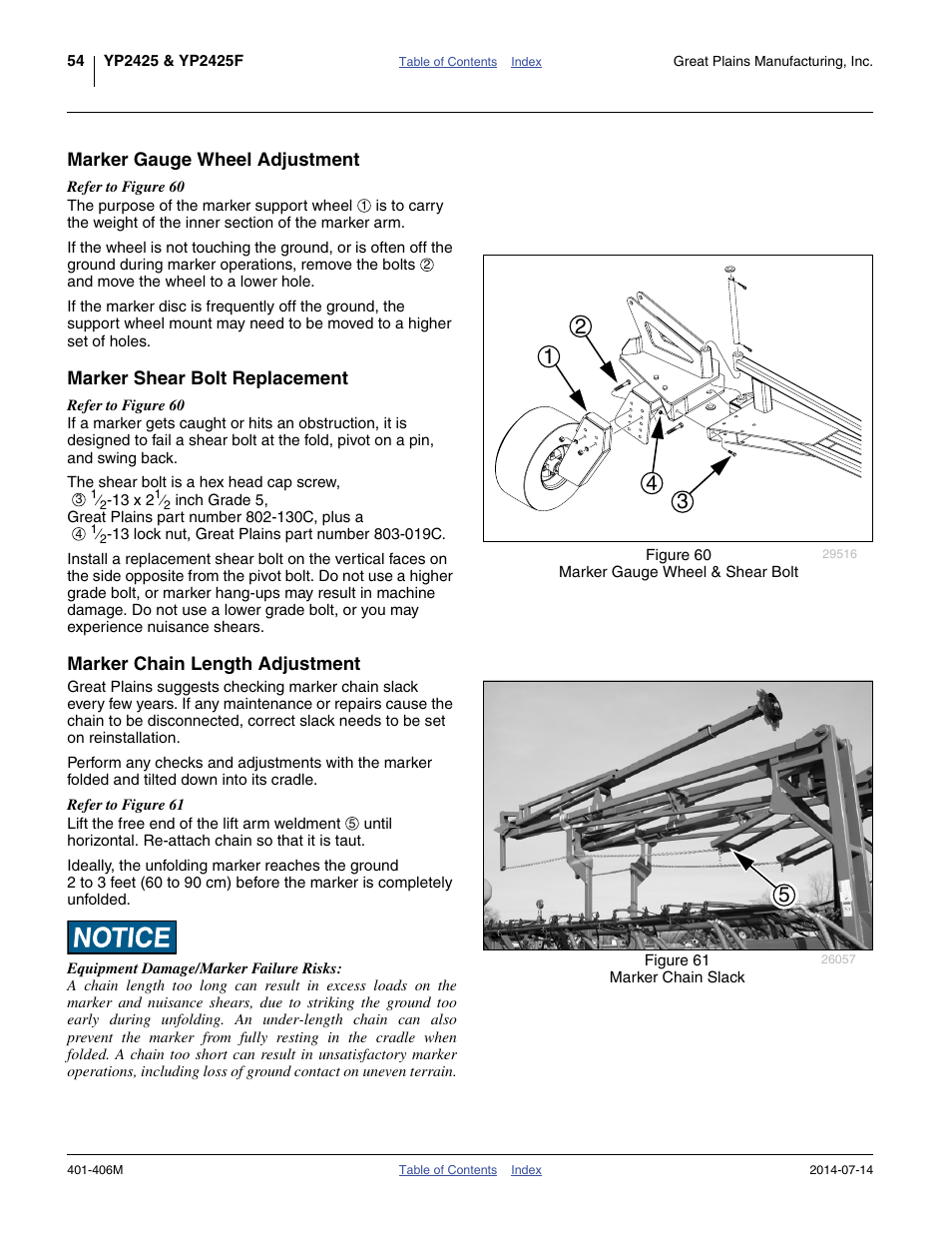 Marker gauge wheel adjustment, Marker shear bolt replacement, Marker chain length adjustment | Great Plains YP2425F-2470 Operator Manual User Manual | Page 58 / 162