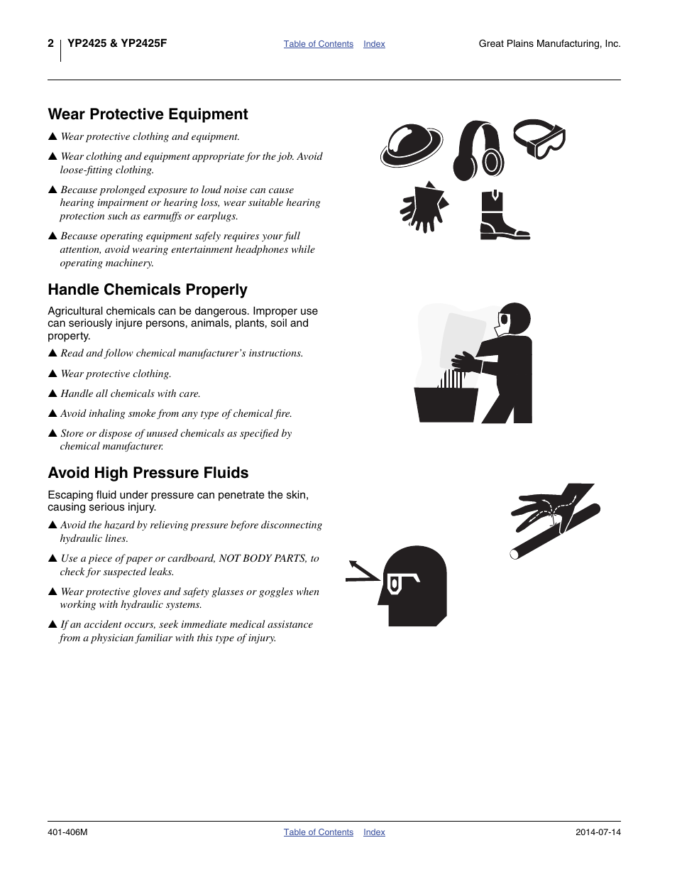 Wear protective equipment, Handle chemicals properly, Avoid high pressure fluids | Great Plains YP2425F-2470 Operator Manual User Manual | Page 6 / 162