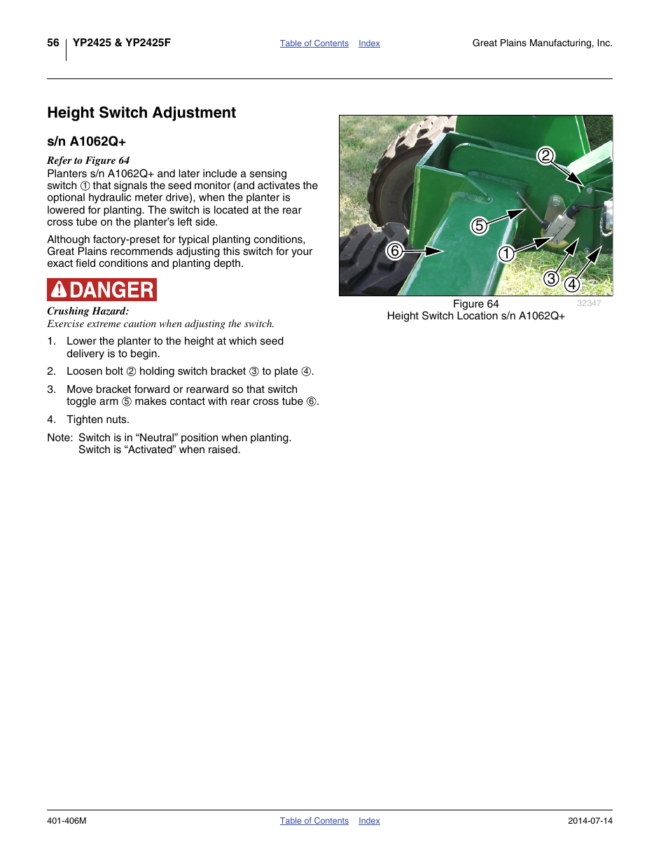 Height switch adjustment, S/n a1062q | Great Plains YP2425F-2470 Operator Manual User Manual | Page 60 / 162