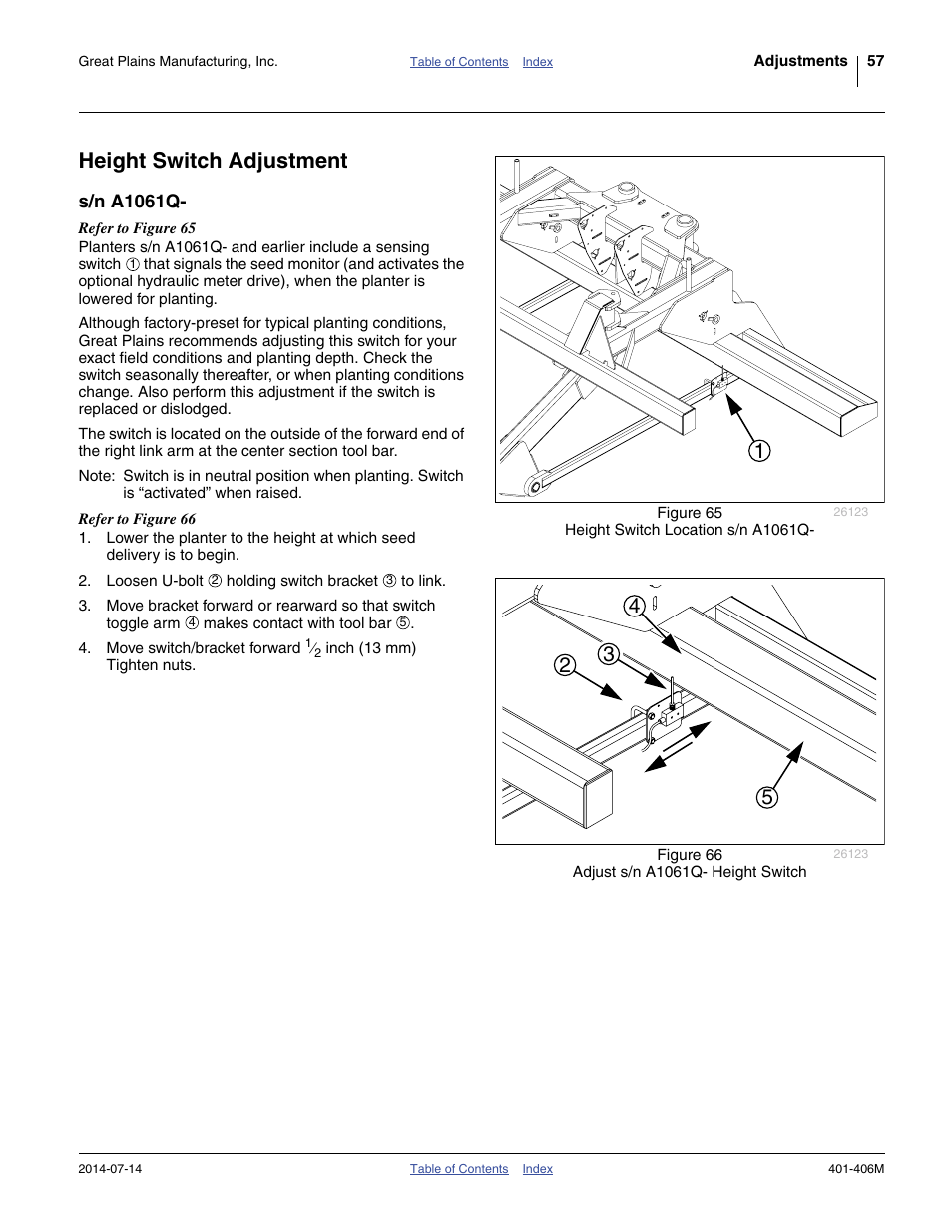 Height switch adjustment, S/n a1061q | Great Plains YP2425F-2470 Operator Manual User Manual | Page 61 / 162