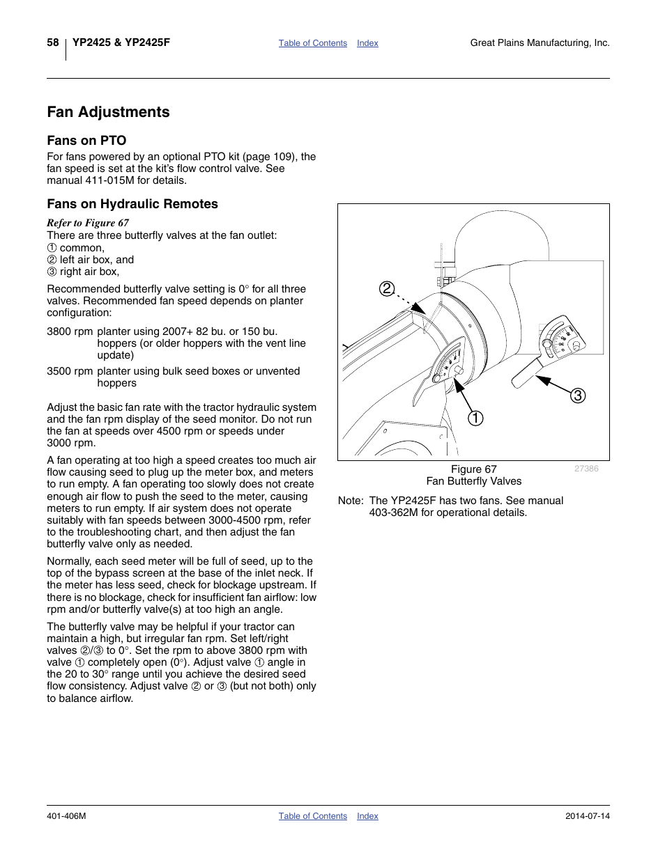 Fan adjustments, Fans on pto, Fans on hydraulic remotes | Great Plains YP2425F-2470 Operator Manual User Manual | Page 62 / 162