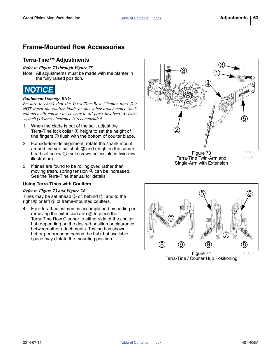 Frame-mounted row accessories, Terra-tine™ adjustments, Using terra-tines with coulters | Great Plains YP2425F-2470 Operator Manual User Manual | Page 67 / 162