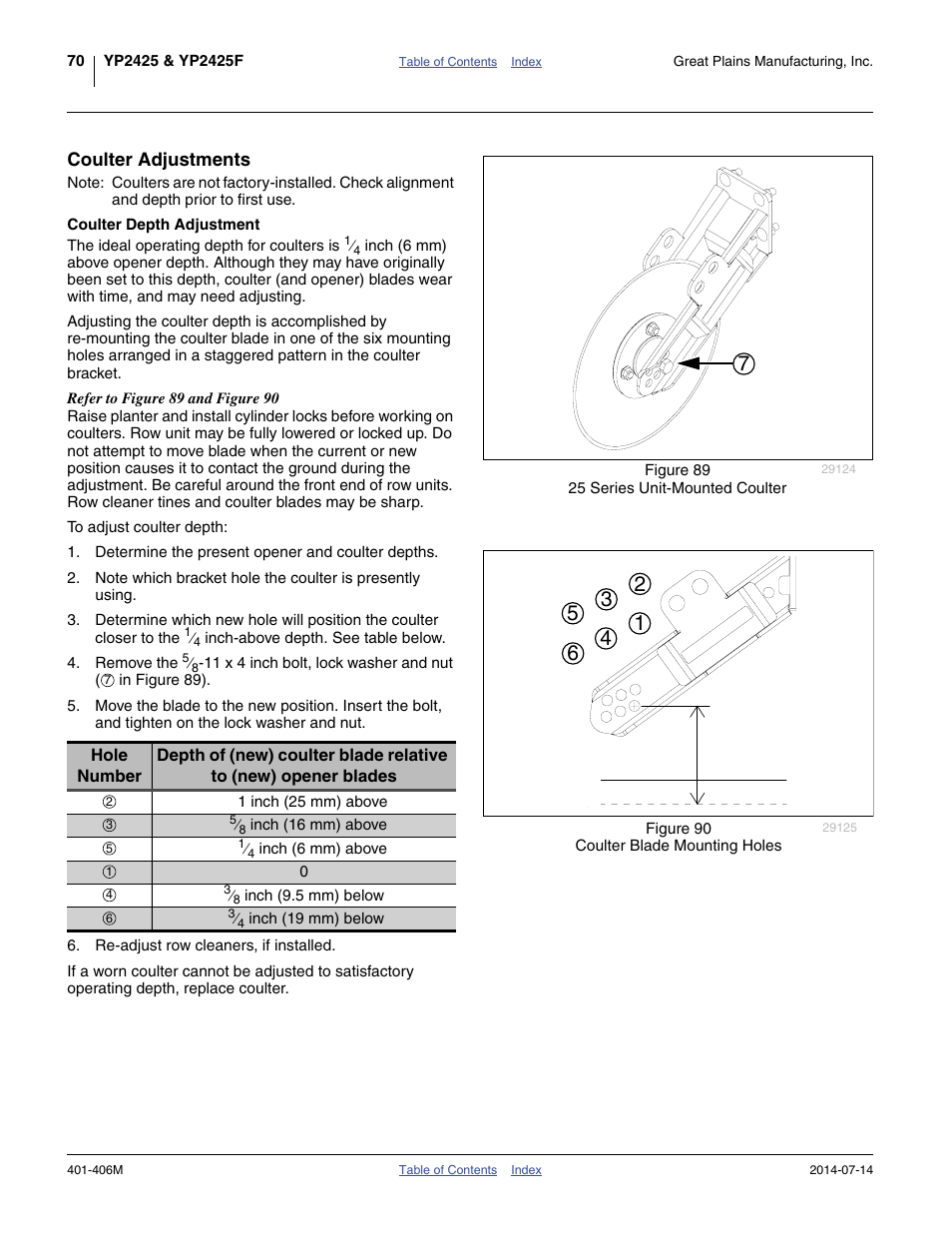 Coulter adjustments, Coulter depth adjustment | Great Plains YP2425F-2470 Operator Manual User Manual | Page 74 / 162