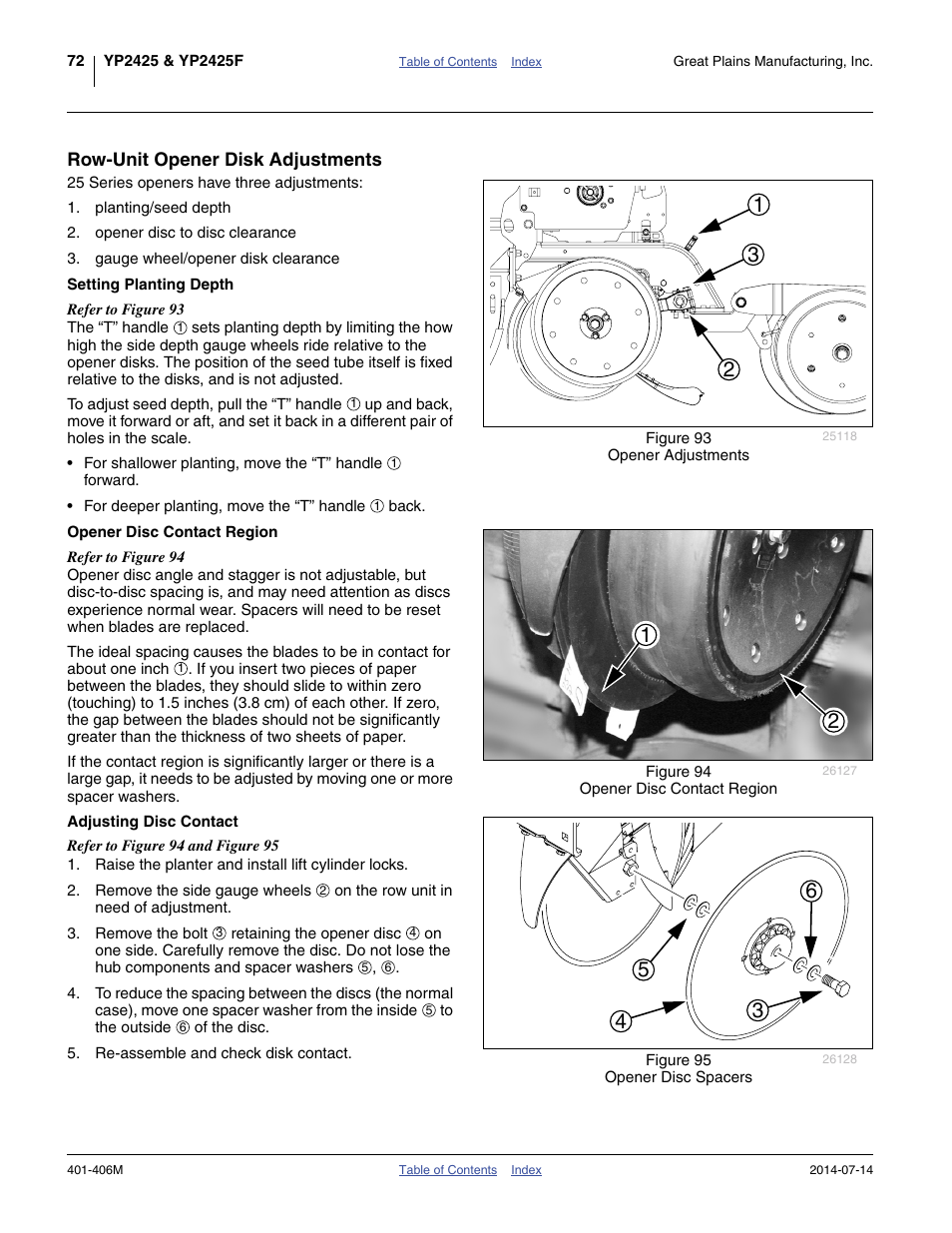 Row-unit opener disk adjustments, Setting planting depth, Opener disc contact region | Adjusting disc contact | Great Plains YP2425F-2470 Operator Manual User Manual | Page 76 / 162