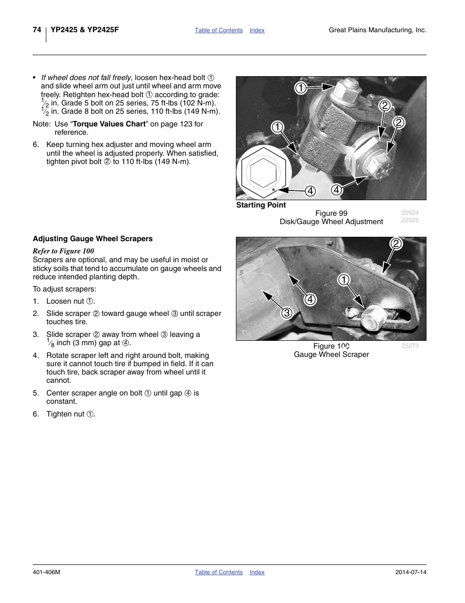 Starting point, Adjusting gauge wheel scrapers, Refer to figure 99 | Great Plains YP2425F-2470 Operator Manual User Manual | Page 78 / 162