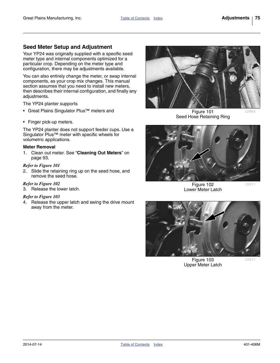 Seed meter setup and adjustment, Meter removal | Great Plains YP2425F-2470 Operator Manual User Manual | Page 79 / 162