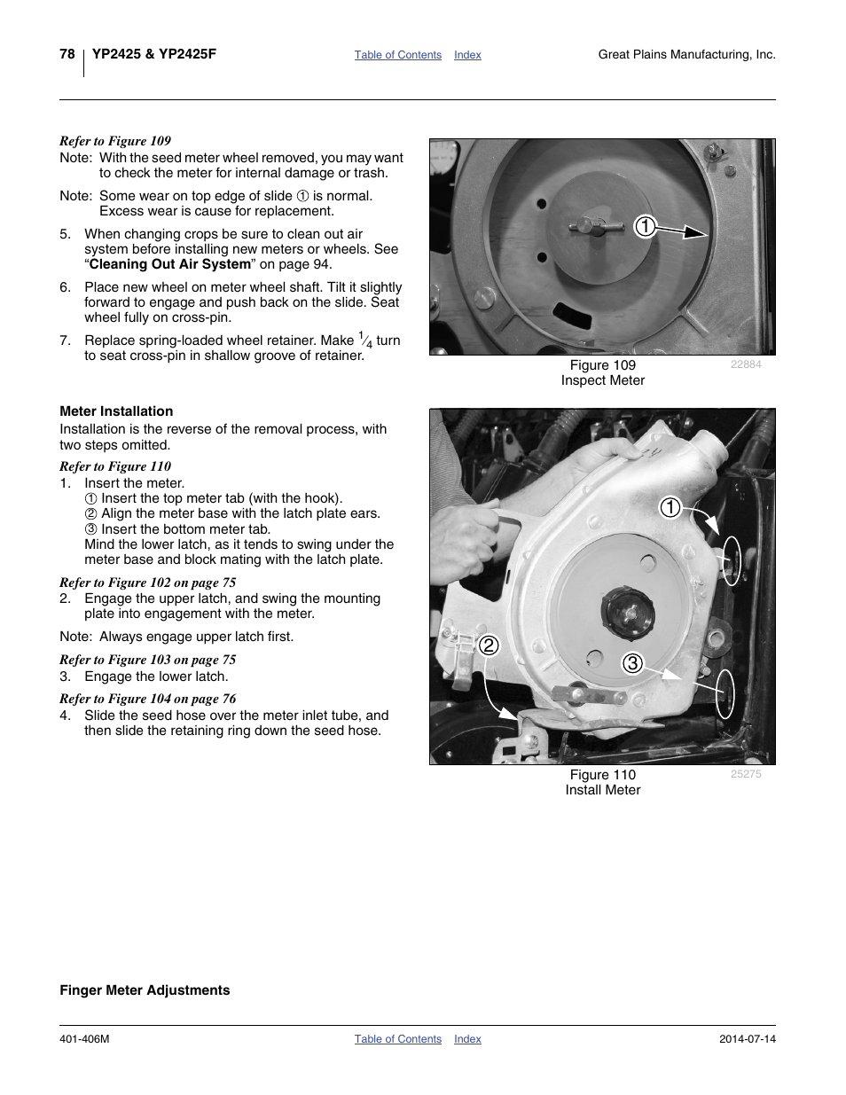 Meter installation, Finger meter adjustments, Meter installation finger meter adjustments | Great Plains YP2425F-2470 Operator Manual User Manual | Page 82 / 162