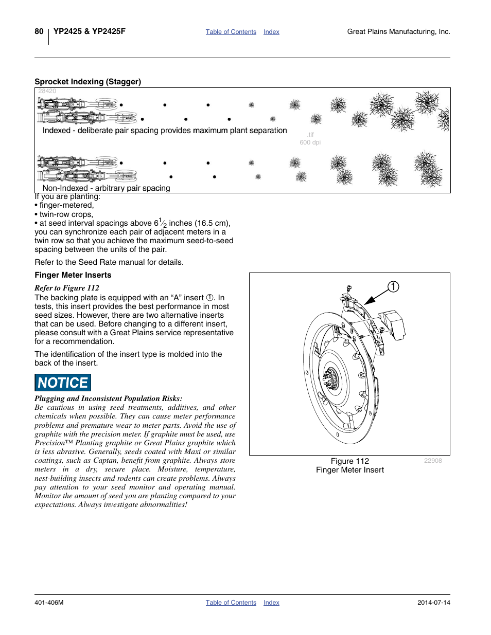 Sprocket indexing (stagger), Finger meter inserts, Sprocket indexing (stagger) finger meter inserts | Great Plains YP2425F-2470 Operator Manual User Manual | Page 84 / 162