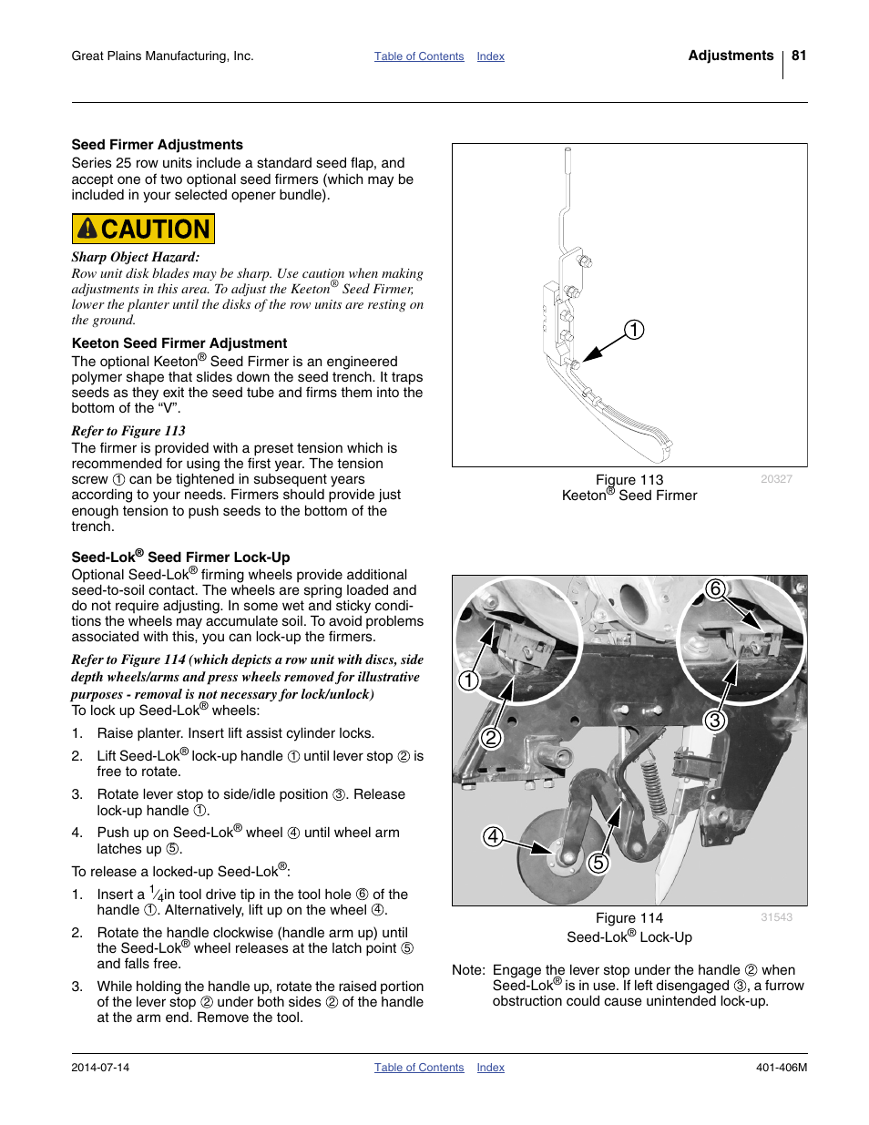 Seed firmer adjustments, Keeton seed firmer adjustment, Seed-lok® seed firmer lock-up | Great Plains YP2425F-2470 Operator Manual User Manual | Page 85 / 162