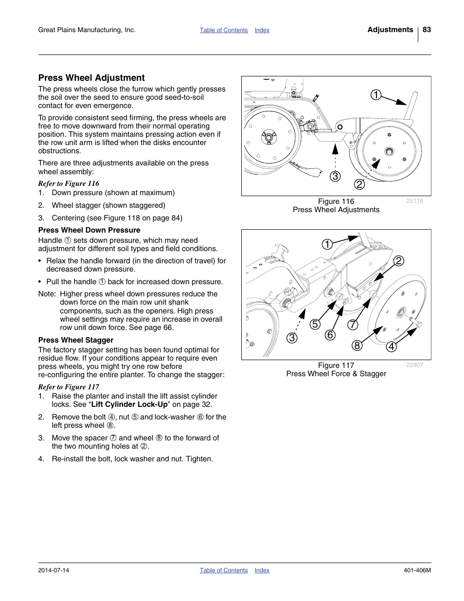 Press wheel adjustment, Press wheel down pressure, Press wheel stagger | Press wheel down pressure press wheel stagger | Great Plains YP2425F-2470 Operator Manual User Manual | Page 87 / 162