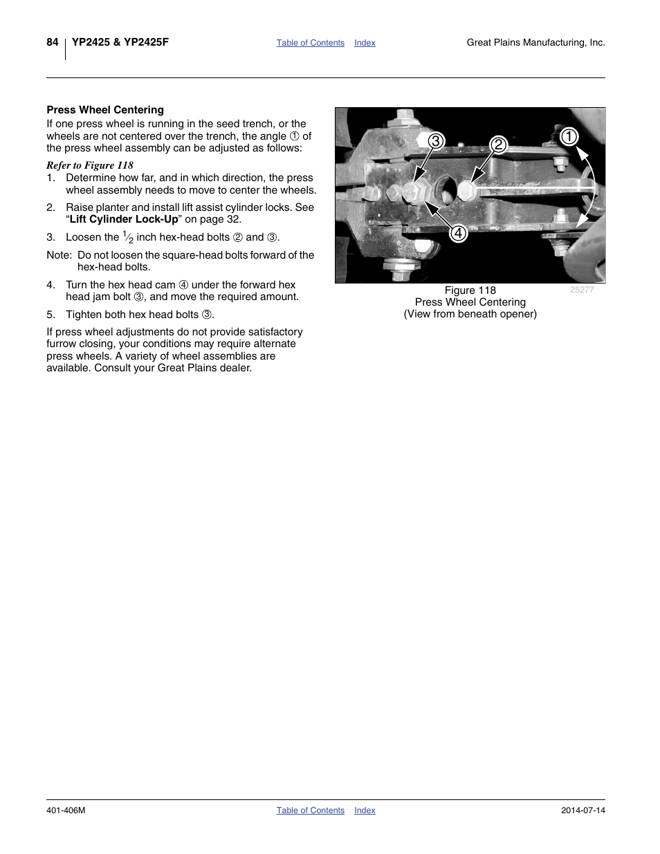 Press wheel centering | Great Plains YP2425F-2470 Operator Manual User Manual | Page 88 / 162