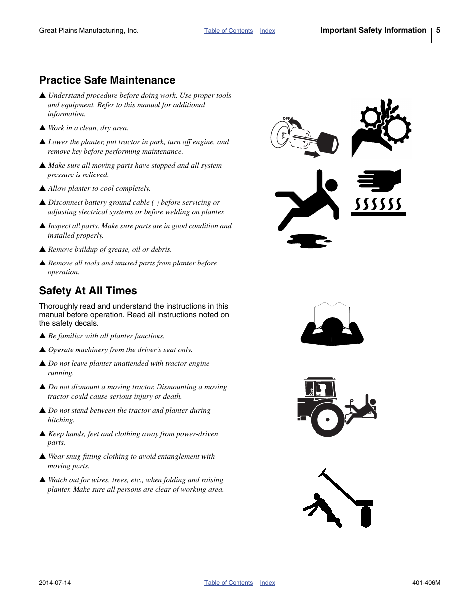 Practice safe maintenance, Safety at all times | Great Plains YP2425F-2470 Operator Manual User Manual | Page 9 / 162