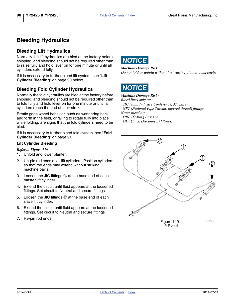 Bleeding hydraulics, Bleeding lift hydraulics, Bleeding fold cylinder hydraulics | Lift cylinder bleeding | Great Plains YP2425F-2470 Operator Manual User Manual | Page 94 / 162