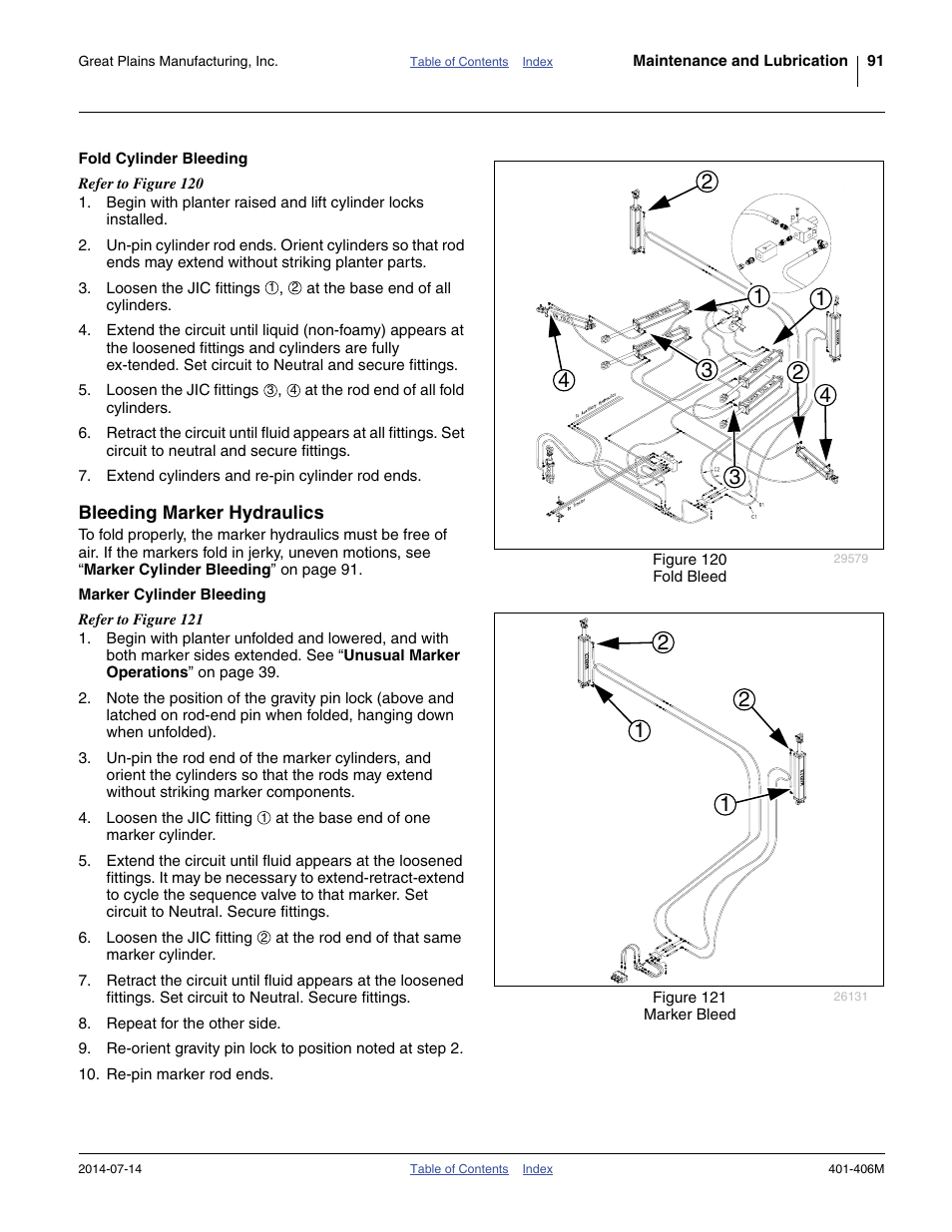 Fold cylinder bleeding, Bleeding marker hydraulics, Marker cylinder bleeding | Great Plains YP2425F-2470 Operator Manual User Manual | Page 95 / 162