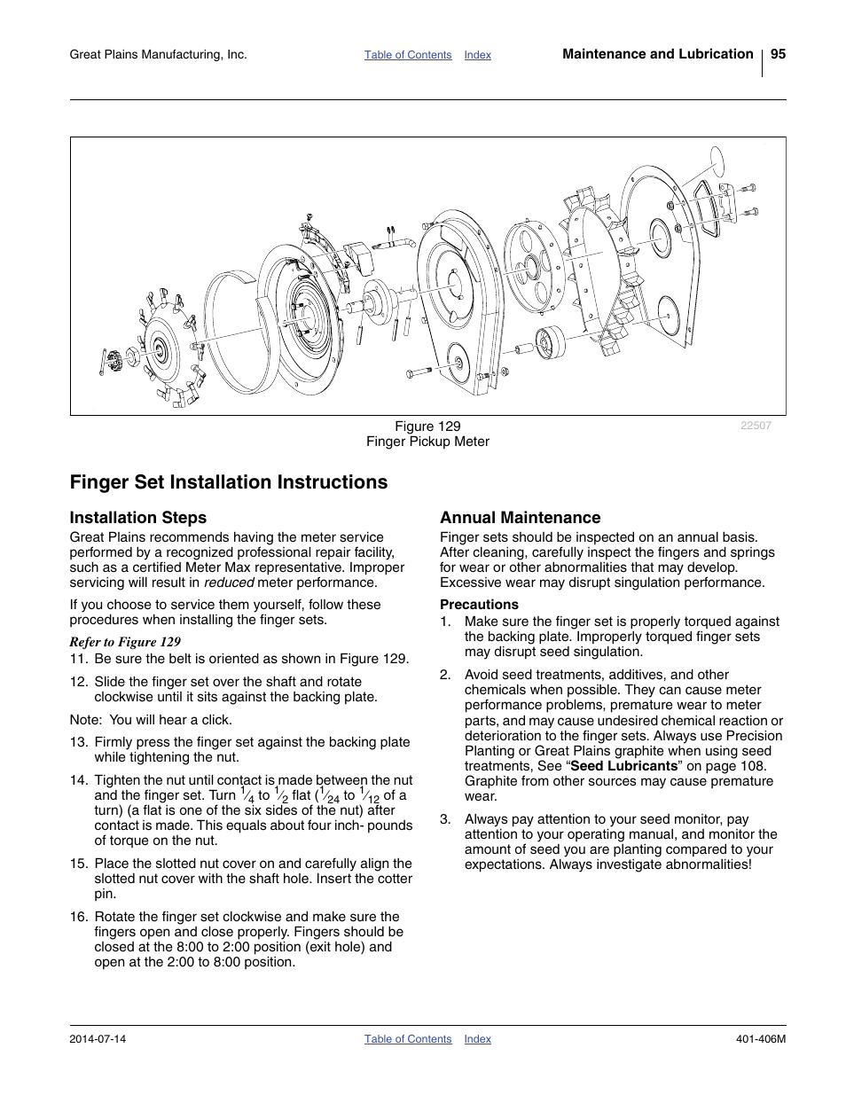 Finger set installation instructions, Installation steps, Annual maintenance | Precautions, Installation steps annual maintenance | Great Plains YP2425F-2470 Operator Manual User Manual | Page 99 / 162