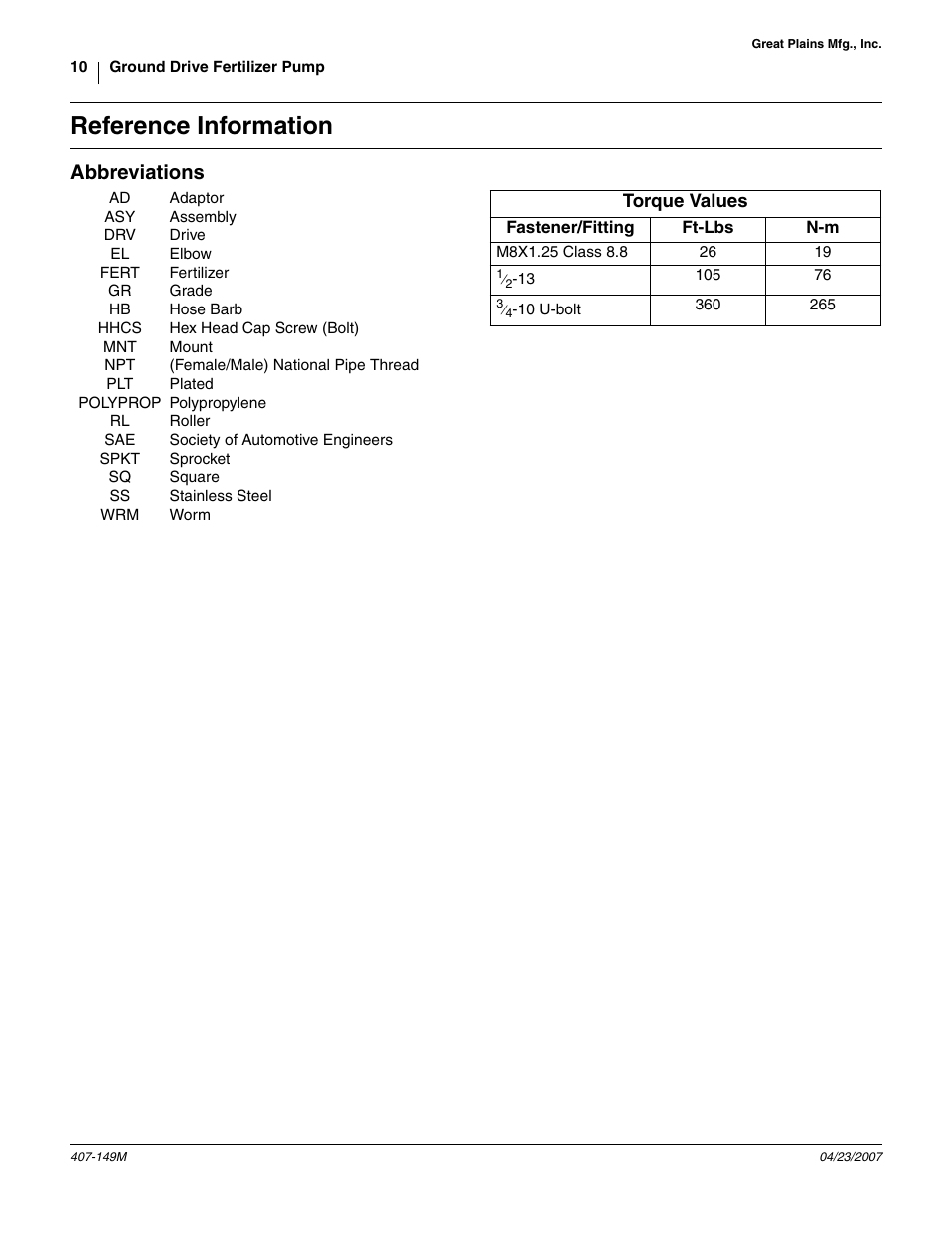 Reference information, Abbreviations | Great Plains Ground Drive Fertilizer Pump Yield Pro Planters User Manual | Page 10 / 10