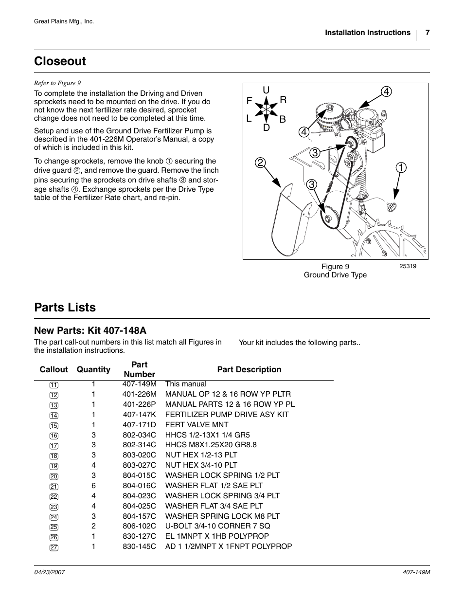 Closeout, Parts lists, New parts: kit 407-148a | 171d fert valve mnt, 034c hhcs 1/2-13x1 1/4 gr5, 016c washer flat 1/2 sae plt, 015c washer lock spring 1/2 plt, 020c nut hex 1/2-13 plt, 145c, Ad 1 1/2mnpt x 1fnpt polyprop | Great Plains Ground Drive Fertilizer Pump Yield Pro Planters User Manual | Page 7 / 10