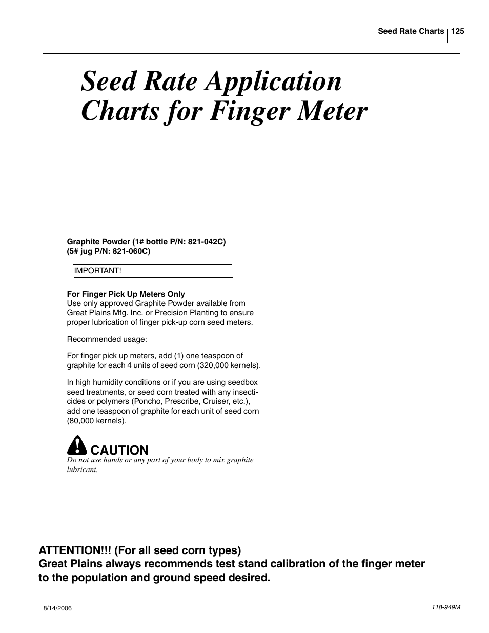 Seed rate application charts for finger meter, Caution | Great Plains 1525P Operator Manual User Manual | Page 127 / 147