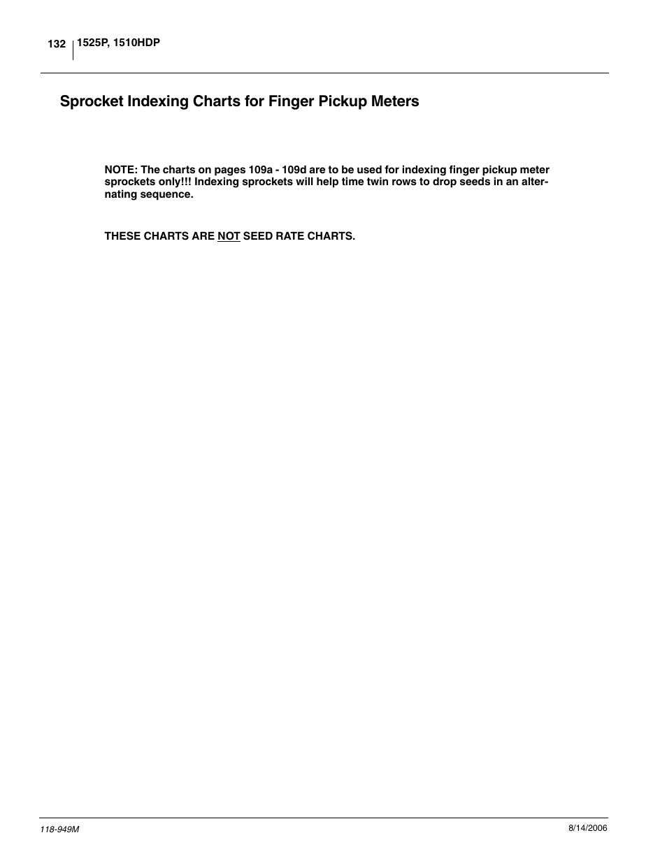 Sprocket indexing charts for finger pickup meters | Great Plains 1525P Operator Manual User Manual | Page 134 / 147