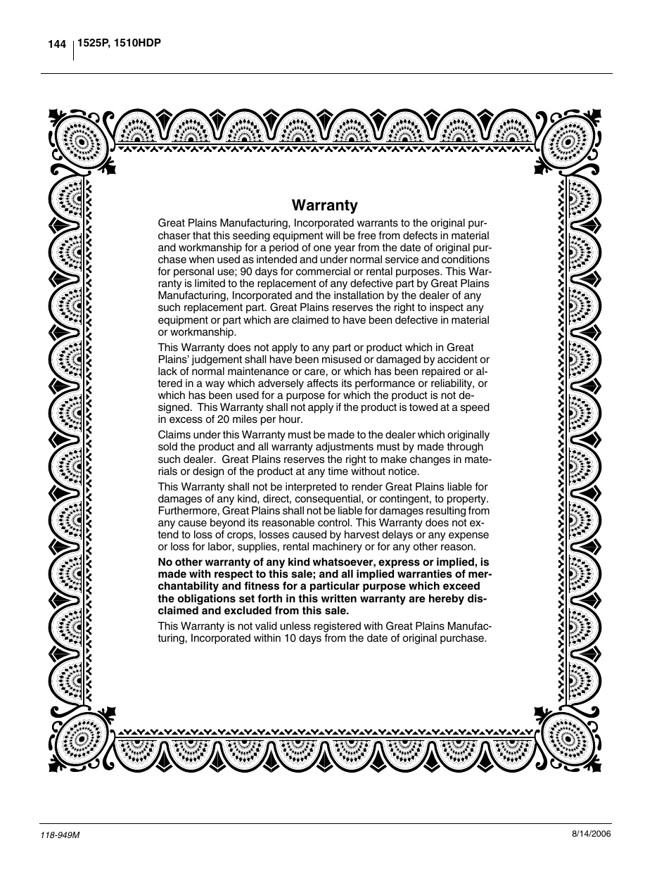 Warranty | Great Plains 1525P Operator Manual User Manual | Page 146 / 147