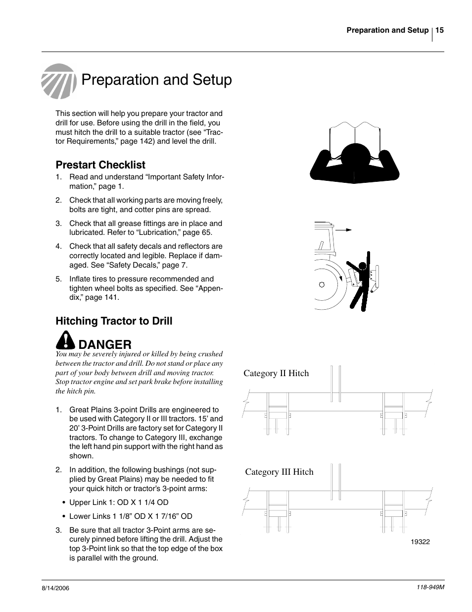 Preparation and setup, Prestart checklist hitching tractor to drill, Prestart checklist | Danger, Hitching tractor to drill | Great Plains 1525P Operator Manual User Manual | Page 17 / 147