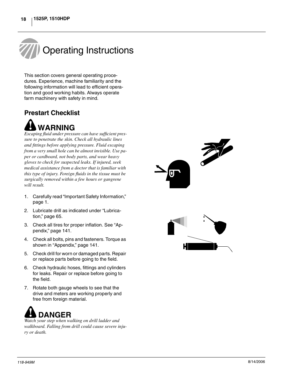 Operating instructions, Warning, Danger | Great Plains 1525P Operator Manual User Manual | Page 20 / 147