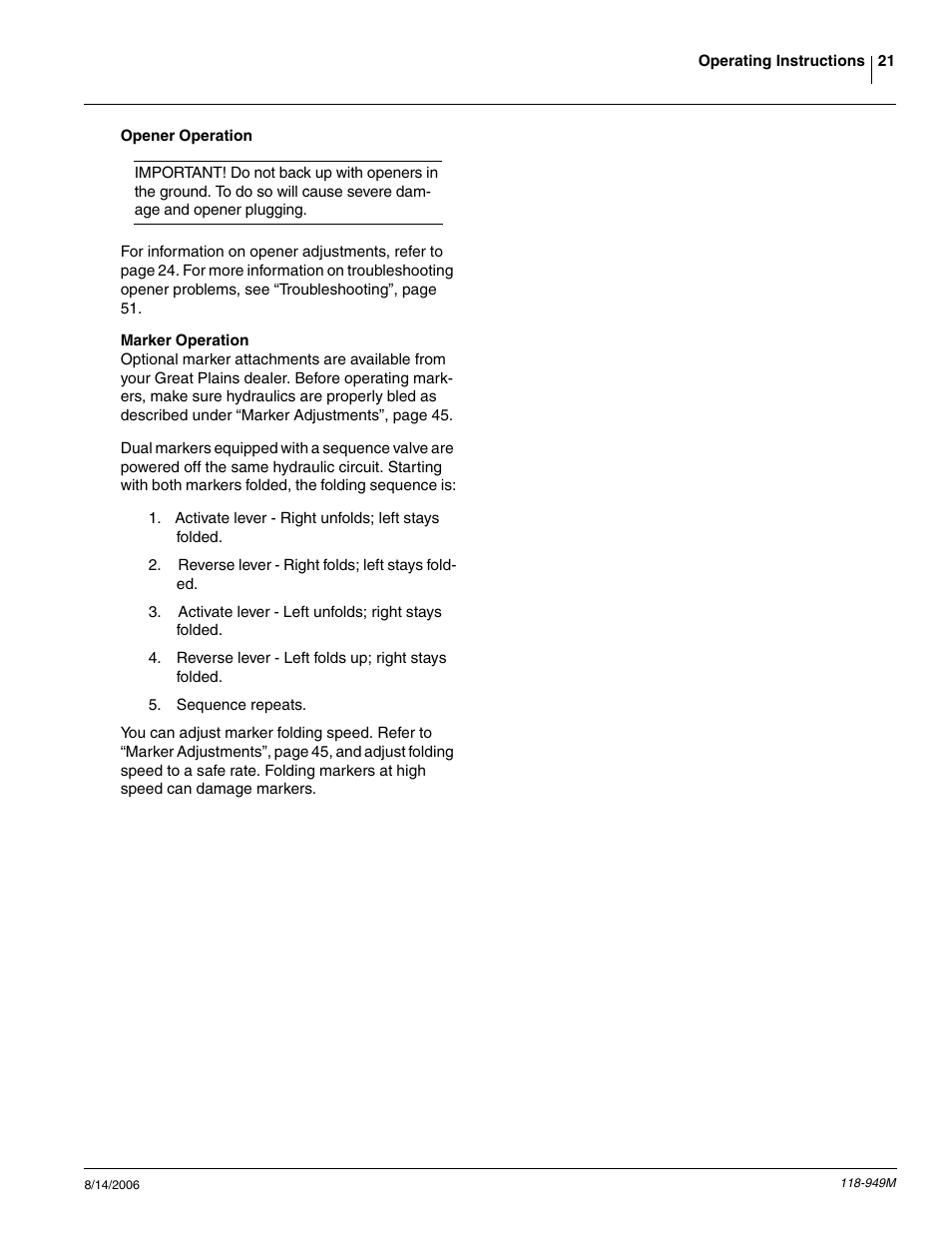 Opener operation marker operation | Great Plains 1525P Operator Manual User Manual | Page 23 / 147